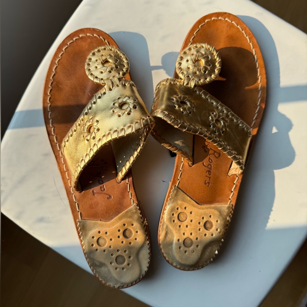 Jack Rogers Leather and Gold Flat Sandals
